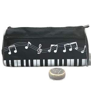 Estuche para lápices de lona de doble capa con diseño de piano y notas musicales.