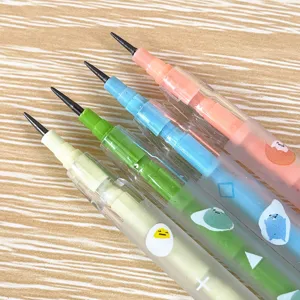 Close-up detail of cute cartoon stackable non-sharpening pencils with cute egg characters for kids.