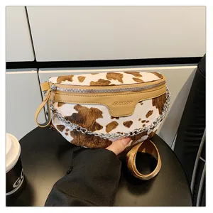 Modische Kuhmuster Brusttasche mit Kette, Damen Vintage Umhängetasche Gürteltasche Alltag.
