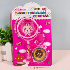 Kids magnifying glass and compass toy set cute pink cartoon learning tool for students