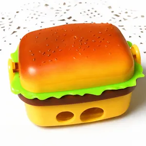 Creative burger shaped pencil sharpener detail view, mini stationery and eraser set.