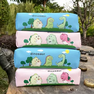 Cute cartoon dinosaur pencil case detail view, showing multi-color pouch design for students.