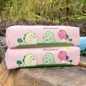 Close-up detail of cute pink cartoon dinosaur pencil case, showing lovely printing and PU material.