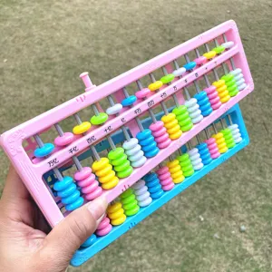 Close-up detail of the colorful plastic abacus with multi-row beads for primary students.