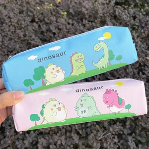 Cute cartoon dinosaur pencil case, durable canvas zipper pouch for school students stationery.