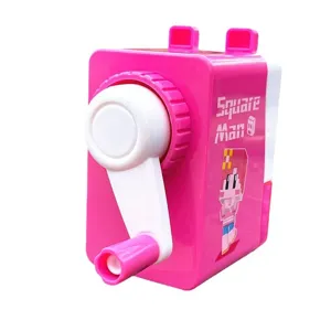 Mignon taille-crayon manuel à manivelle motif pixel pour enfants, outil de papeterie rose.