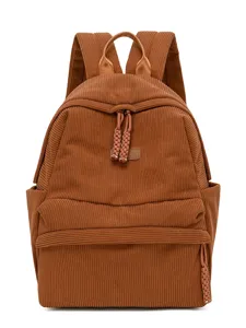 Brown corduroy backpack for women, stylish casual travel school daypack with multiple pockets.