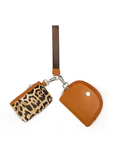 2-in-1 leopard print and brown wristlet bag mini coin purse portable card holder fashion