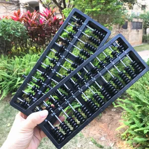 Detail view of black 13-rod plastic abacus with clear digit markings for students mental math.