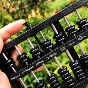 Black 13-digit abacus for students, arithmetic tool with one-button reset feature, detail view.