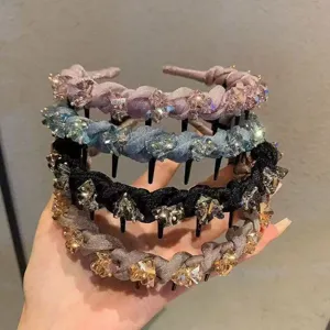 Rhinestone wave headband with teeth comb, anti-slip crystal hair hoop for women detail view.