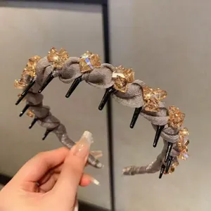 Crystal rhinestone hair hoop with comb teeth, grey fabric wrapped non-slip headband for daily wear.