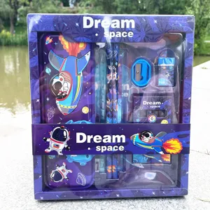Space theme children stationery gift box detail view, pencil case and stationery.