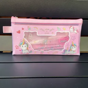 Pink mesh pencil case with cute unicorn pattern, stationery set included for school kids.