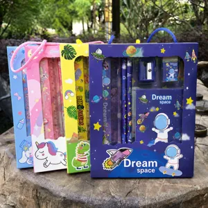 Tragbares Schreibwarenset Cartoon Thema Schüler Geschenkbox Mit Bleistiften Lineal Radiergummi Anspitzer Notizbuch Kinder Schulbedarf