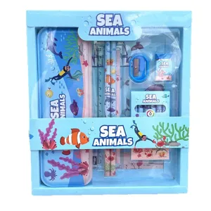 Kids marine animal theme stationery set gift box, includes pencil case, ruler, pencils, eraser.