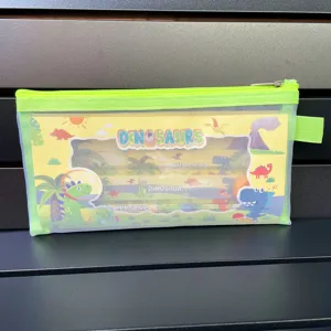 Green mesh pencil case with colorful dinosaur insert card, ideal student stationery bag.