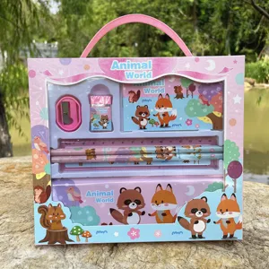 Cute animal world stationery gift box set detail view, perfect for kids school and birthday.