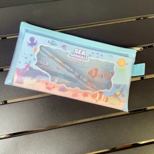 Light blue mesh pencil case with cute sea animals theme card insert, durable student stationery bag.