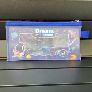 Blue mesh pencil case with space astronaut and rocket patterns for school students stationery.
