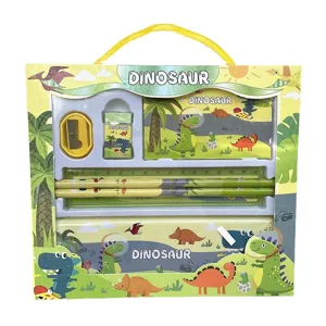 Children cartoon dinosaur stationery set gift box with pencils ruler eraser and sharpener.