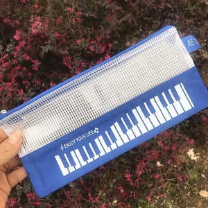Estuche creativo con patrón de piano de música, bolsa de papelería de malla para estudiantes.