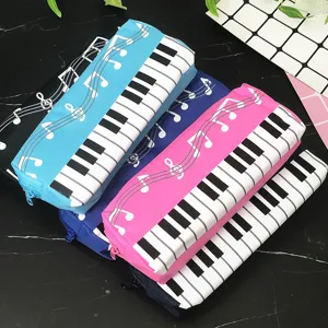 Estuche para Lápices de Lona con Patrón de Teclas de Piano y Notas Cuadrado de una Sola Capa Estuche de papelería con Cremallera para Estudiantes