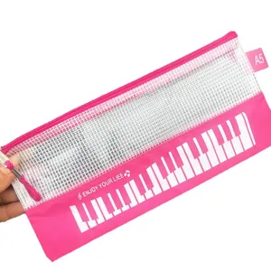 Estuche de malla rosa con motivo de teclado de piano, bonita bolsa organizadora A5.