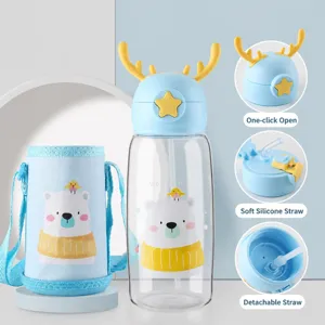 Kids cute deer antler straw water bottle for kindergarten school boys and girls summer cup