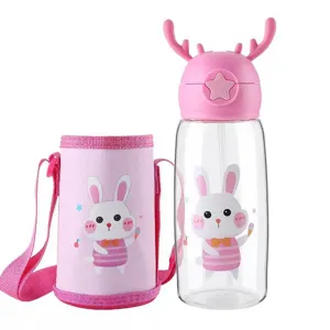 Kids water bottle with straw pink reindeer cap cute cartoon rabbit cup sleeve large capacity