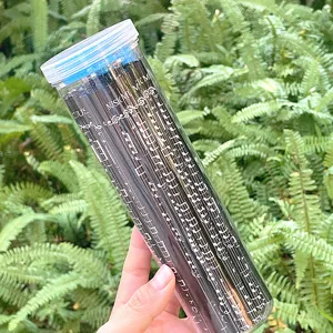 Gros plan détaillé du tube à crayons transparent décoré avec des notes de musique.