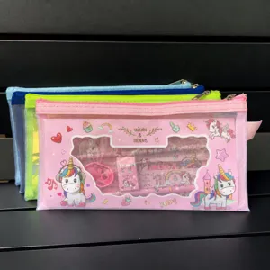 Children Mesh Zipper Pencil Bag Stationery Set Student School Supplies Cute Cartoon Theme Storage Organizer Pouch