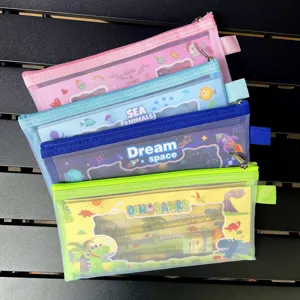 Mesh zipper pencil pouch set with cute cartoon themes, durable stationery bags for students.
