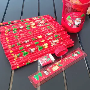 Set de papelería navideña con 50 lápices regla borrador sacapuntas lindo diseño festivo