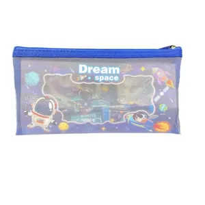 Blue mesh pencil case with cute space astronaut design, durable zipper pouch for school stationery.