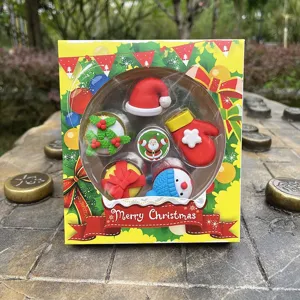 Christmas eraser set cute cartoon pencil rubber holiday gift box for kids wholesale