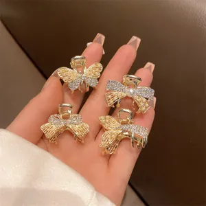 Piccola Molletta per Capelli in Metallo Dorato Strass Perla Artificiale Fiocco Accessori per Capelli per Donne