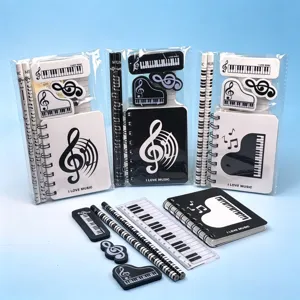 Music Theme Stationery Set Student Gift Notebook Pencil Eraser Ruler Black And White Piano Note Design Office School Supplies