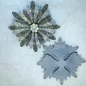 Handmade rhinestone shoe clip detail, sparkly crystal star accessory with grey felt backing.