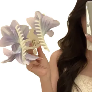 Elegant 3D floral hair claw clip, large purple lily design shark clip for women and girls daily styling.