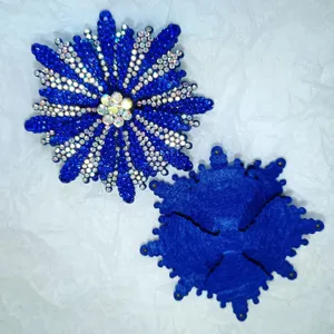 Handmade blue rhinestone shoe clips, sparkling crystal floral shoe accessories, detail view.
