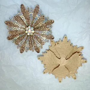 Handmade rhinestone shoe flower patch detail, sparkling crystal accessories for footwear and crafts.