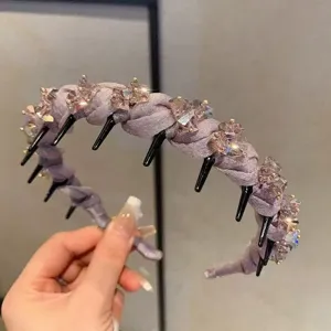 Purple crystal rhinestone headband with teeth, non-slip hair hoop for women and girls daily styling.