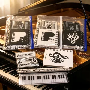 Music stationery set with piano and note design, zipper bags, notebooks, pencils and erasers.