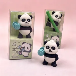 Bonito juguete de goma de panda 3D con mancuerna y bambú, regalo de papelería creativo para niños.