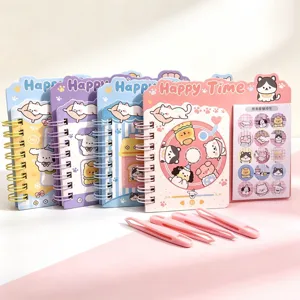 Süße Cartoon-Spiralnotizbücher mit niedlichen Aufklebern und Pinzettenset für Schüler.
