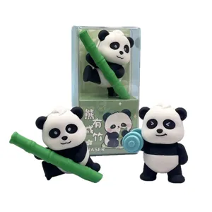 Simpático juego de borradores de panda de dibujos animados con bambú y mancuerna, regalo DIY.