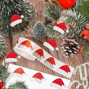 Christmas Hat Stickers Roll Holographic Glitter Self Adhesive Gift Labels For Holiday Party Packaging Decoration