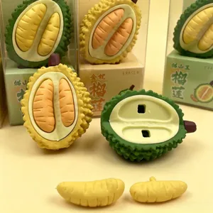 Vista detallada del borrador de durian 3D con piezas de fruta desmontables y caja.