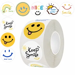 Cute smiley face sticker roll 500pcs, minimalist aesthetic planner labels for kids reward crafts.